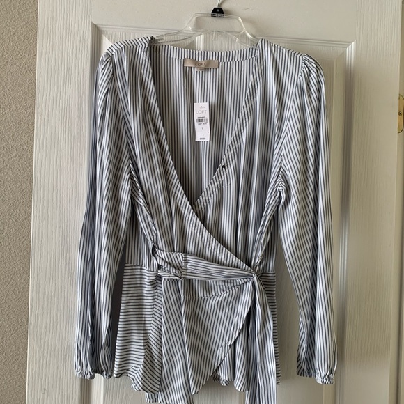 LOFT Tops - Blue and White Drape Over And Tie Blouse